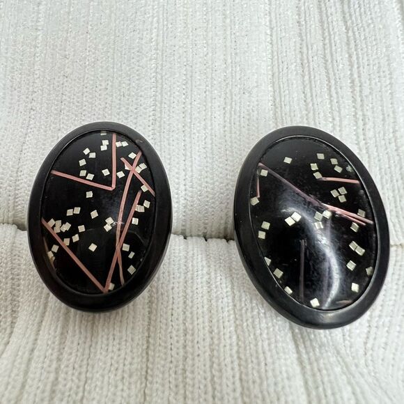 Vintage Jet Black Silver and Rose Gold Tone Glitter Cufflinks - Picture 12 of 17